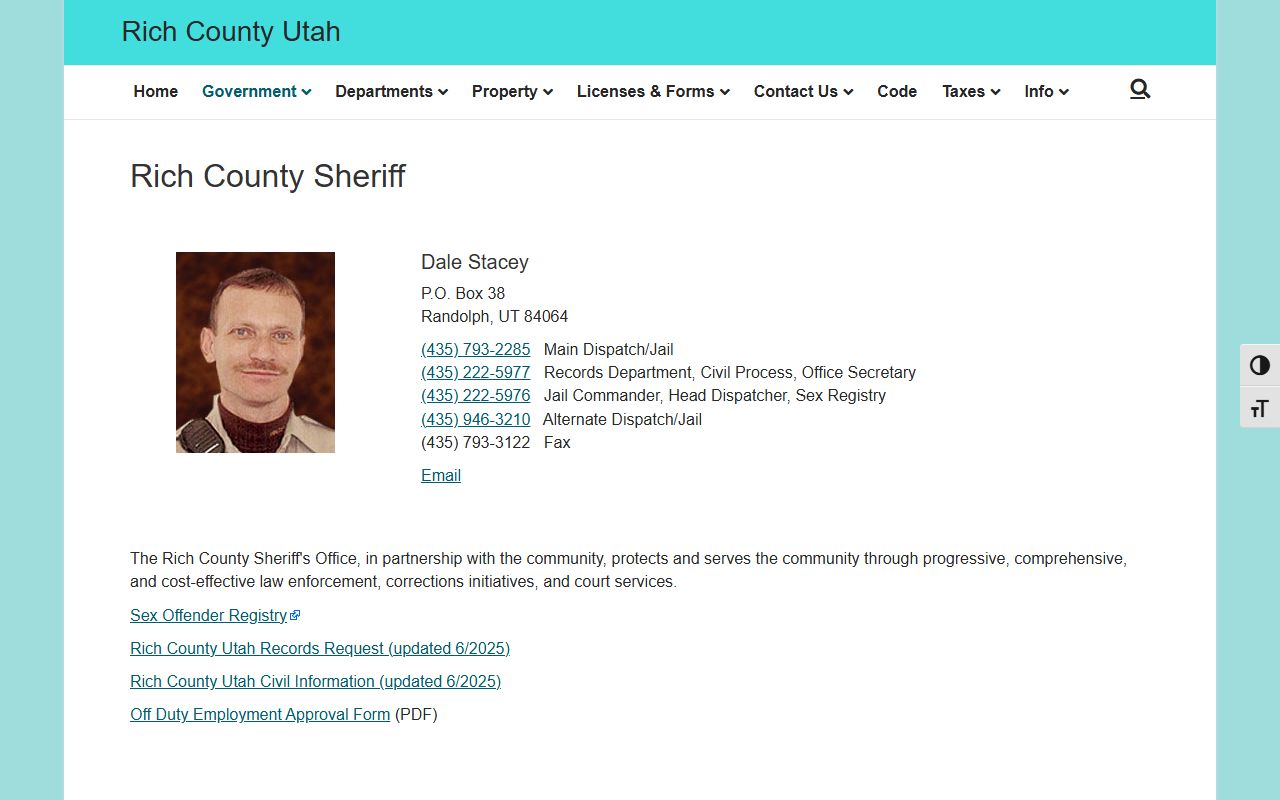Rich County Jail Roster sheriff page screenshot